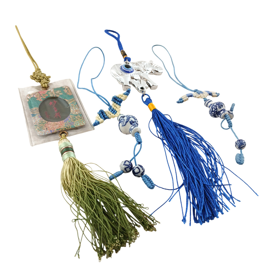 Lot of 4 Evil Eye Elephant Charm Blue Porcelain Beads Feng Shui Tassel Ornaments